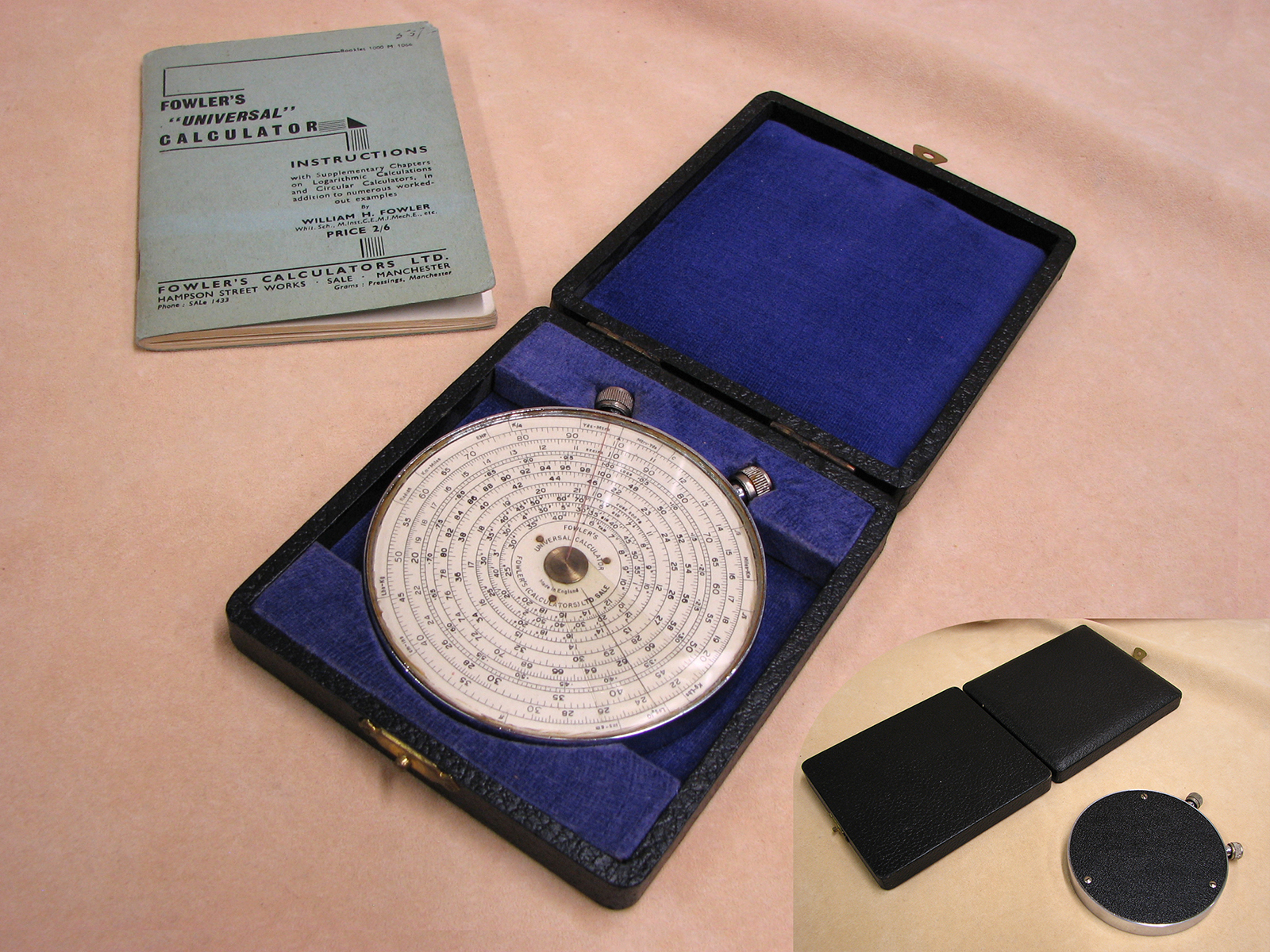 1940s Fowler's Universal calculator in presentation case with original booklet